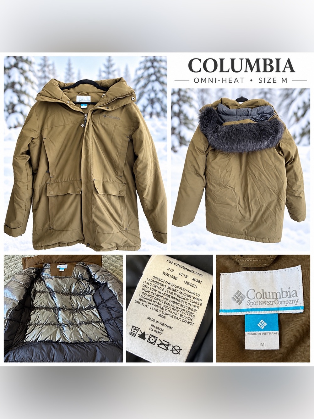 Columbia Omni-Heat Down Parka Hooded Winter Coat Olive Brown Medium